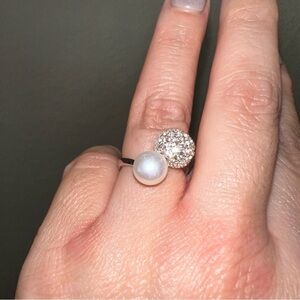 Cultured pearl ring 7-8 mm with lab diamond silver ring size 7